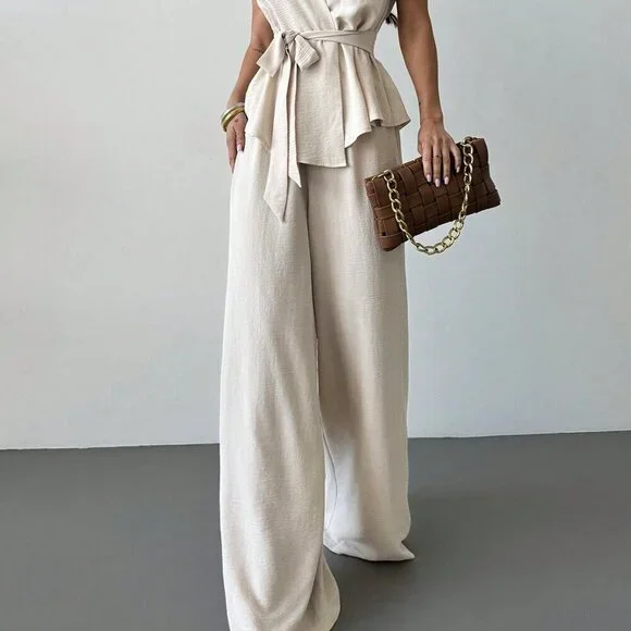 Apricot Elegant Women's Surplice Sleeveless Belted Blouse & Wide leg Pant Set - Picture 4 of 7
